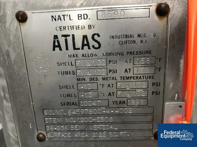 USED Atlas Industrial Manufacturing 2,122 Sq Ft Atlas Heat Exchanger, 316L S/S, 102/102#