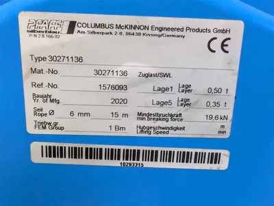 PFAFF Columbus McKinnon 30271136 Stationary Rope Winch SW-W 500 kg Capacity Used