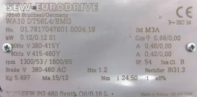 REFURBISHED SEW EURODRIVE WA10 DT56L4/BMG GEARMOTOR 24.50:1 WA10DT56L4BMG