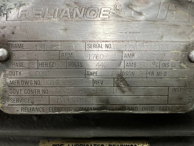 Reliance 1ZYN00340A6 1760RPM 5HP Duty Master A-C Motor w/ Ingers