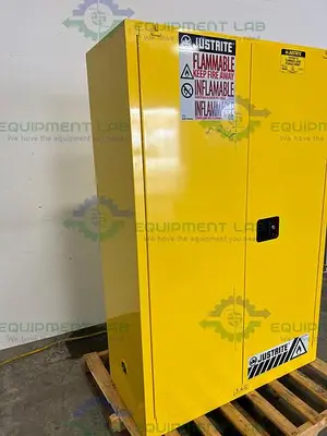 USED JUSTRITE 45 GALLON FLAMMABLE LIQUID STORAGE CABINET W/ SOFT CLOSE DOORS, KEYS
