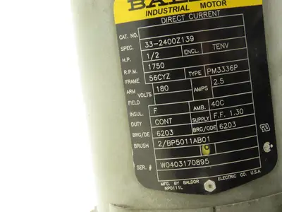Baldor 33-2400Z139 Type PM3336P DC Motor .5Hp 2.5A 1750 RPM 180VDC 56C TENV