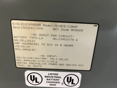 Prestolite 510E3-12S6M Battery Mate 24 VDC Industrial Forklift Battery Charger