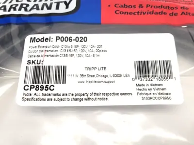 New | in-Stock Tripp Lite Desktop Computer AC Power Cable, NEMA 5-15P to C13, 10A, 20' Cable & Wire Michigan US | Maverick Industrial Sales #1390658