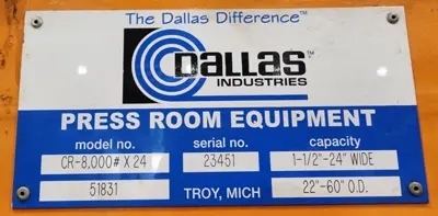 Used DALLAS DPR-6,000X24/06425 Coil Reels and Straighteners Michigan US | Midwest Press and Automation #1302701