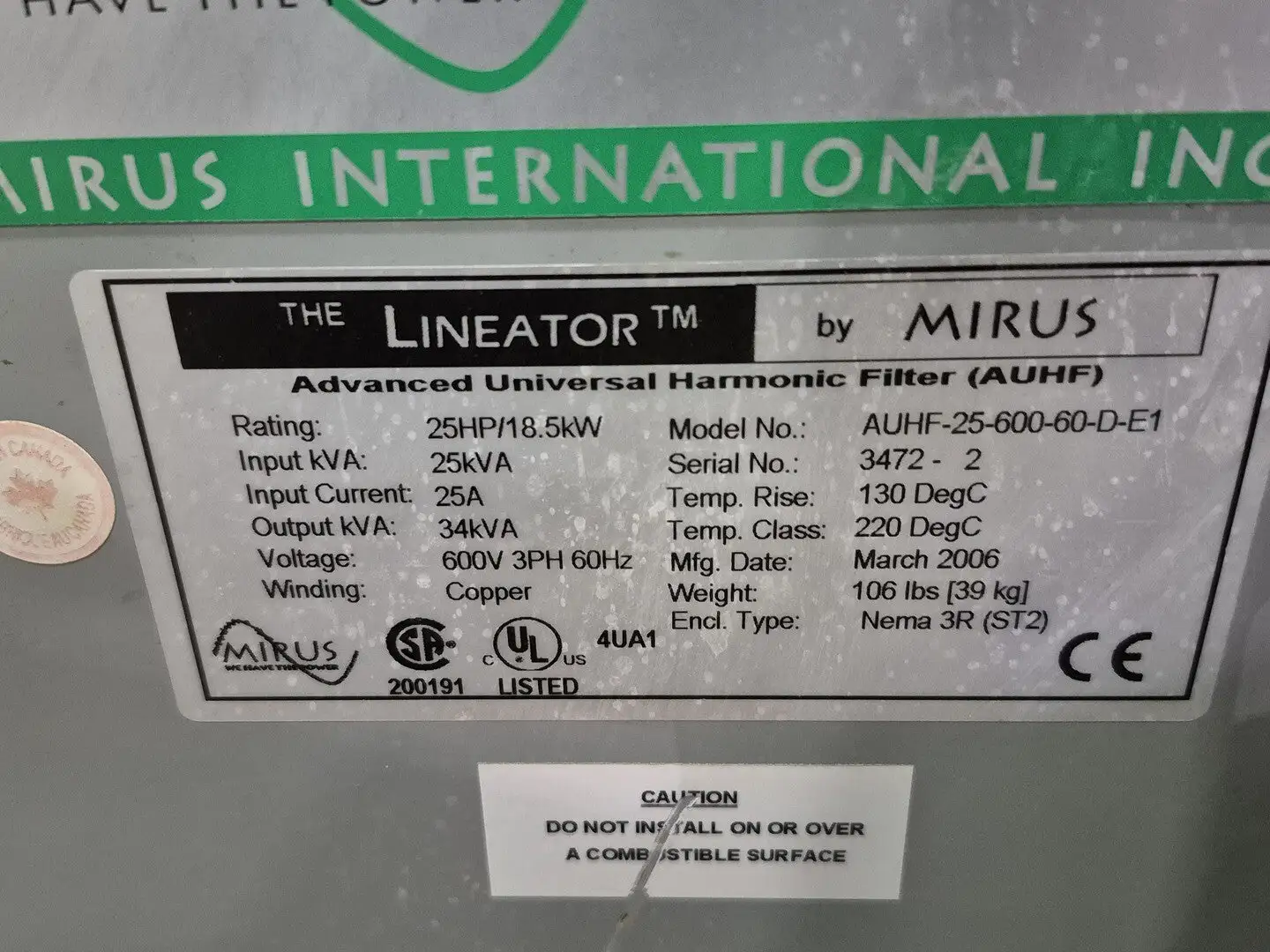 Used 2006 MIRUS AUHF-25-600-60-D-E1 Transformers British Columbia CA | Lenmark #327853