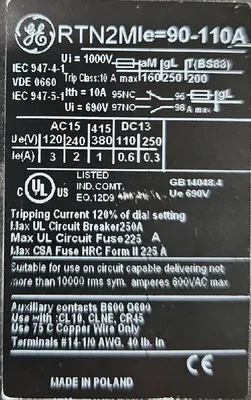 GE RTN2M Overload Relay. Loc 4E-15