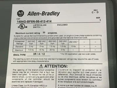 Used ALLENBRADLEY 1494GBF6N98412414 Disconnects Ohio US | HGR 24 #1272673