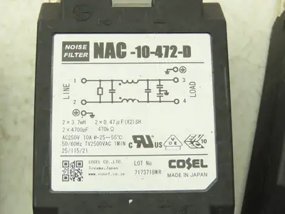 Cosel NAC-10-472-D Noise Filter 250V 10A TV2500VAC 1 MIN 2 Pole Lot of 5