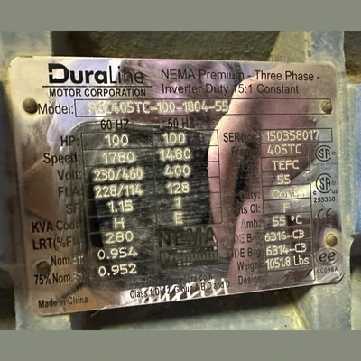 USED DURALINE MOTOR CORPORATION PGC405TC-100-1804-55