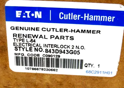 NEW EATON CUTLER HAMMER 843D943G05 AUXILIARY CONTACT KIT TYPE L64