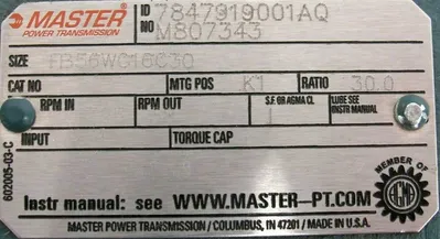 NEW BALDOR 6B78K7054 MOTOR AND MASTER FB56WC16C30 REDUCER 30:1 35W852-0086G1