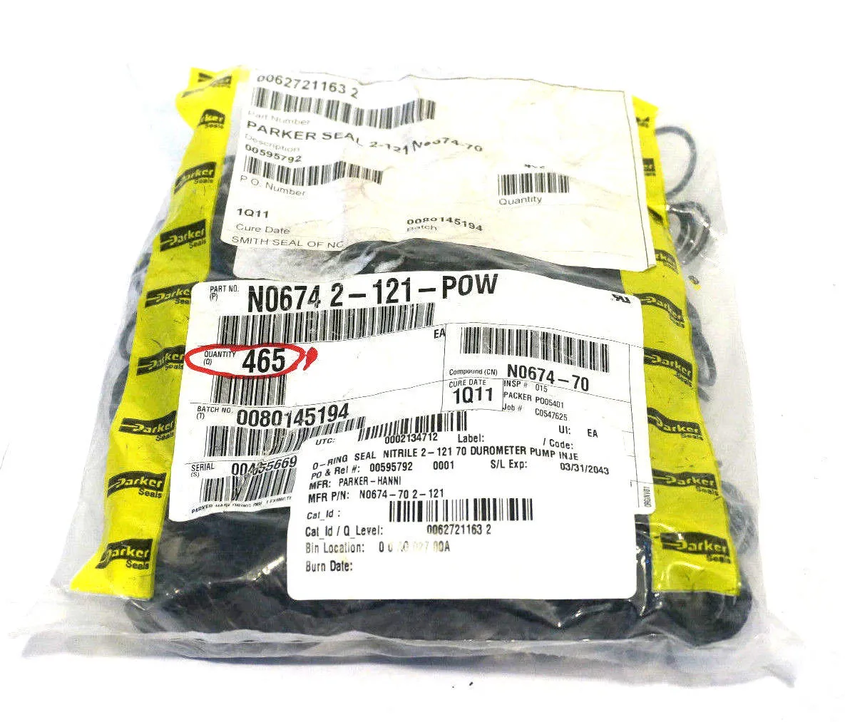 465 NEW PARKER NO674 2-121-P0W O RINGS 2-121 NO6742121P0W