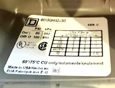 NEW SQUARE D 9013GHG2J30 PRESSURE SWITCH SER. C