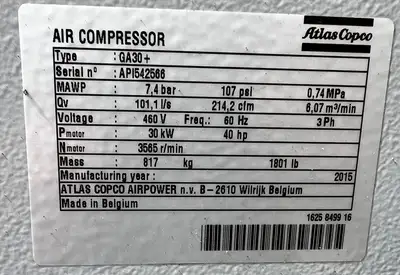 Used 2015 ATLAS COPCO GA30+ Rotary Screw & Sliding Vane Air Compressors British Columbia CA | Lenmark #834875