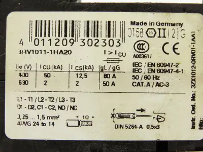 Siemens 3RV1011-1HA20 Motor Protection Circuit Breaker 690VAC 8A 2Ka 3PH