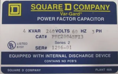 NEW SQUARE D PFC2004BFI3 POWER FACTOR CORRECTION CAPACITOR 4KVAR 240V