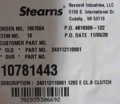 NEW STEARNS 10781443 CLUTCH 1202E CL.S 243112110001 10781443 501120614