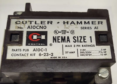 CUTLER HAMMER MOTOR STARTER A10CN0 NEMA 1 27A CONTACTOR 120V COIL W 1036 HEATERS
