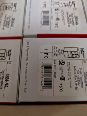 Case of 25 dryer receptacles, 2 cases of outlet covers and other electrical supplies