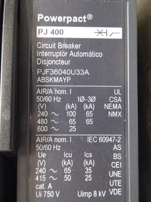 Square D PJF36040U33AABSKMAYP PJ400 PowerPact Circuit Breaker 400A 3 Pole New NIB