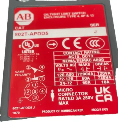 ALLEN BRADLEY 802T-APDD5 LIMIT SWITCH SER. J 802TAPDD5 NEW,SURPLUS