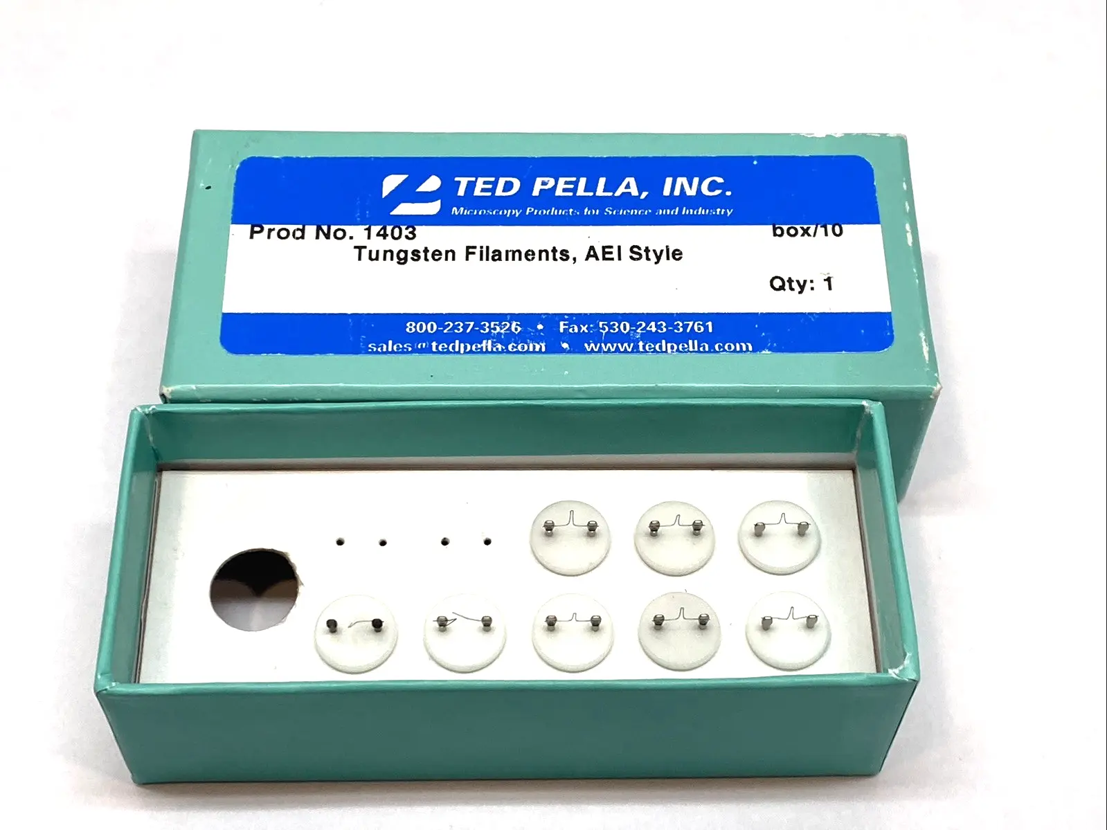 USED TED PELLA TUNGSTEN FILAMENT AEI BASE, WHITE CERAMIC BOX OF 8