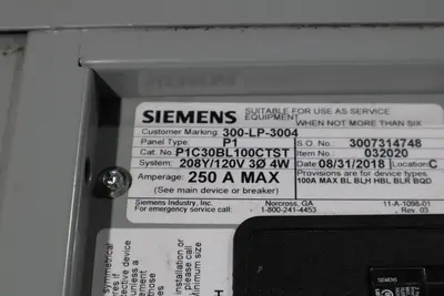 SIEMENS P1 250A 208Y/120V P1C30BL100CTST MAIN BEAKER STOCK HS40