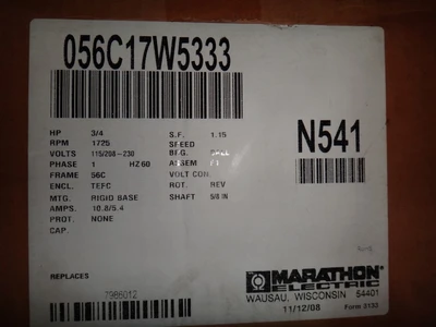 Marathon .75 hp, 1800 rpm, 56C frame motor