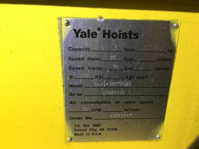 Yale BAW1-32RT25S2 Pneumatic Hoist 2000 lb / 1 Ton Capacity 25 fpm Speed