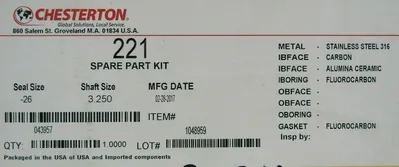 NEW CHESTERTON 221 SPARE PART KIT SEAL -26 SHAFT 3.250 043957