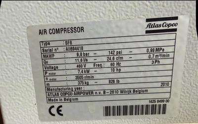 Used 2010 ATLAS COPCO SF 8 FF Rotary Screw & Sliding Vane Air Compressors Massachusetts US | ARC Equipment Corp #1330637