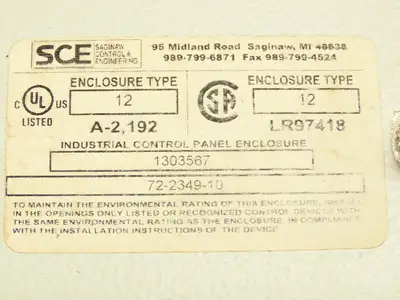 SCE 72-2349-10 Electrical Enclosure 20x16x10" Disconnect Hinged Door Backplate