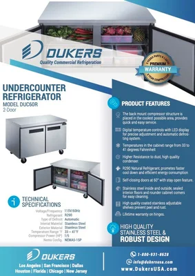 New | in-Stock Dukers New Dukers DUC60R 2-Door Undercounter Commercial Refrigerator in Stainless Steel Undercounter Refrigerators Illinois US | Falcon Restaurant Supply #1376253