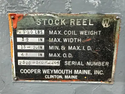 2500 LBS X 12" COOPER WEYMOUTH DOUBLE END PULL-OFF COIL REEL UNCOILER: STOCK #22619