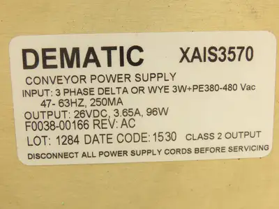 Dematic XAIS3570 Conveyor Power Supply 380-480V 3ph Input 26VDC 3.65A 96W Output