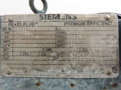 75 hp Siemens PE-21 Plus Induction AC Motor, 1180 rpm