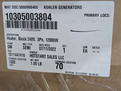 Kohler Hotstart 12000W 240V KH CSM31202-710 Coolant Preheater 10305003804