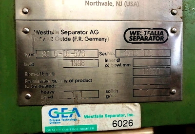 Westfalia SC 6-06-576 hydro-hermetic clarifier, 316SS.