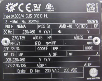 NEW NORD SK02-80S/4 CUS BRE10 HL GEARMOTOR 29.61:1 230/460V SK0280S4CUSBRE10HL