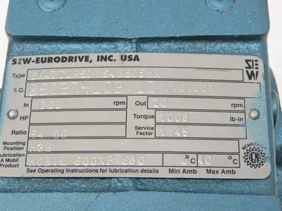 Sew Eurodrive SA47TDRS71S4BE05HR Brake Gearmotor 84:1 Ratio 20rpm .5Hp 230/460V
