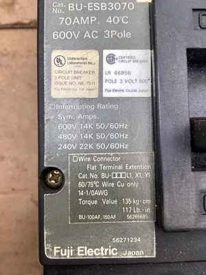 Fuji Electric BU-ESB3070 70A Circuit Breaker; 56271234; 70A 600V 3 Pole