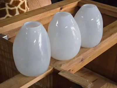Lot of (3) Handblown Art Glass Table Vases by Holmegaard 6" x 7" (white) (rounded triangle)