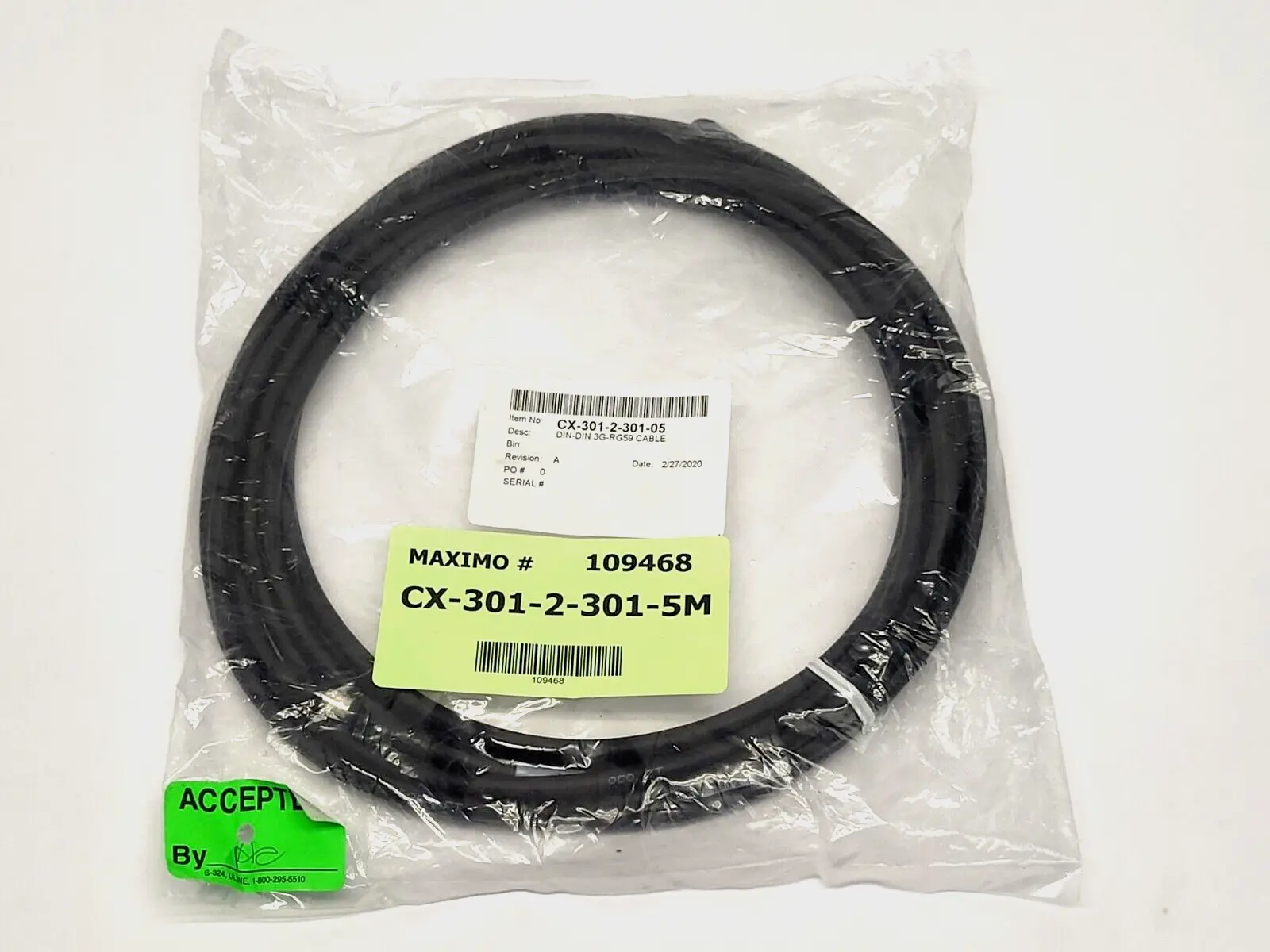 CXP-6 CX-301-2-301-05 Rev. A DIN to DIN 3G-RG59 Coax Cable - New