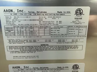 USED AAON DANDELION WVA036E014AA0JC