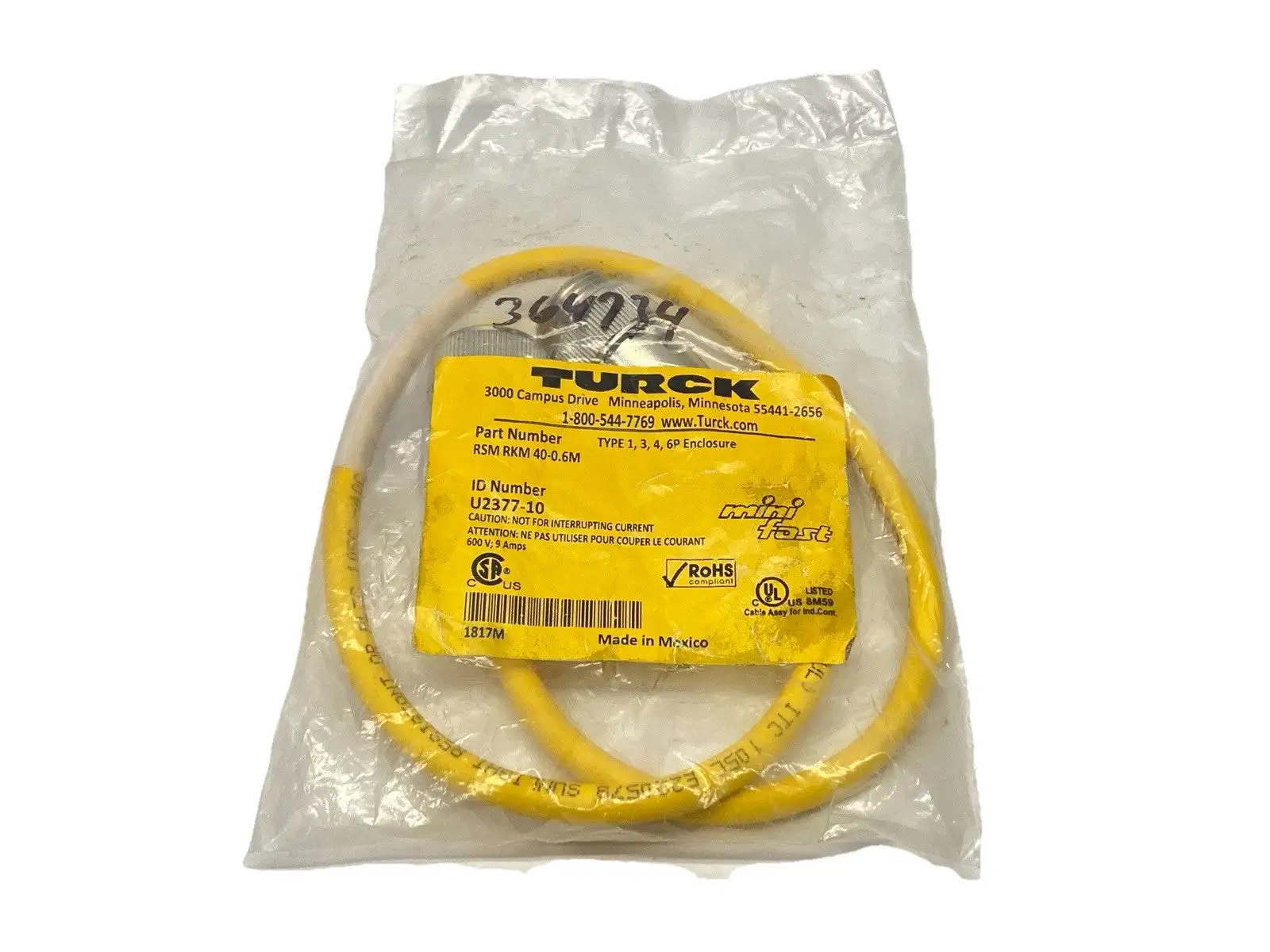 NEW TURCK MINIFAST DOUBLE ENDED CORDSET M/F 7/8" 4-PIN U2377-10