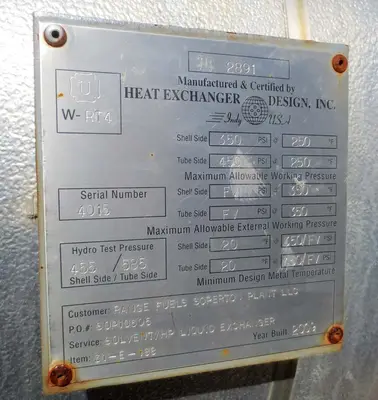 USED 2009 HEAT EXCHANGER DESIGN INC. TEMA BFU 450 PSIG