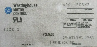 NEW WESTINGHOUSE A201K5CSMZ1 CONTACTOR SIZE 5 MODEL J