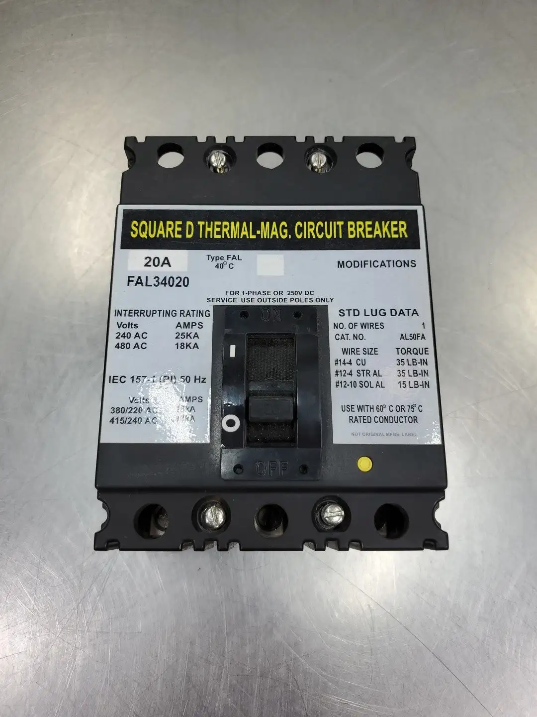 USED Square D FAL34020 Circuit Breaker, 3 Pole, 20A, 480V
