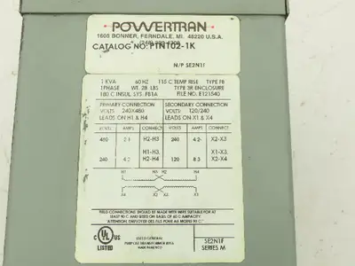 Powertrain PTN102-1K Industrial Transformer 1KVA Pri 240/480V Sec 120/240V 1PH